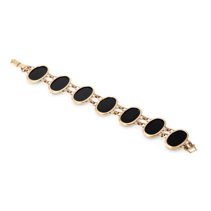 Vintage 1940s Retro Oval Black Onyx, Yellow Gold Filled Large Link 7" Bracelet