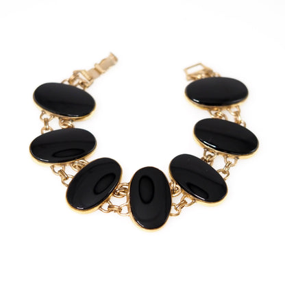 Vintage 1940s Retro Oval Black Onyx, Yellow Gold Filled Large Link 7" Bracelet