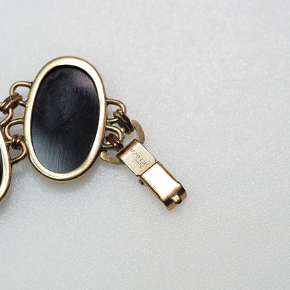 Vintage 1940s Retro Oval Black Onyx, Yellow Gold Filled Large Link 7" Bracelet