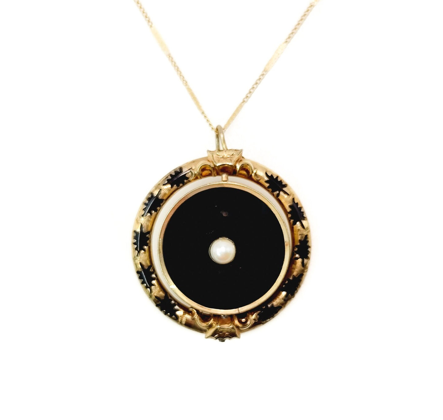 Antique Mourning Pearl Black Necklace - 1880s Mid-Victorian Enamel, Seed Pearl, and Gold Filled Fob Flip 29" Necklace