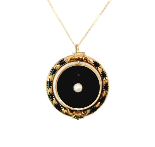 Antique Mourning Pearl Black Necklace - 1880s Mid-Victorian Enamel, Seed Pearl, and Gold Filled Fob Flip 29" Necklace