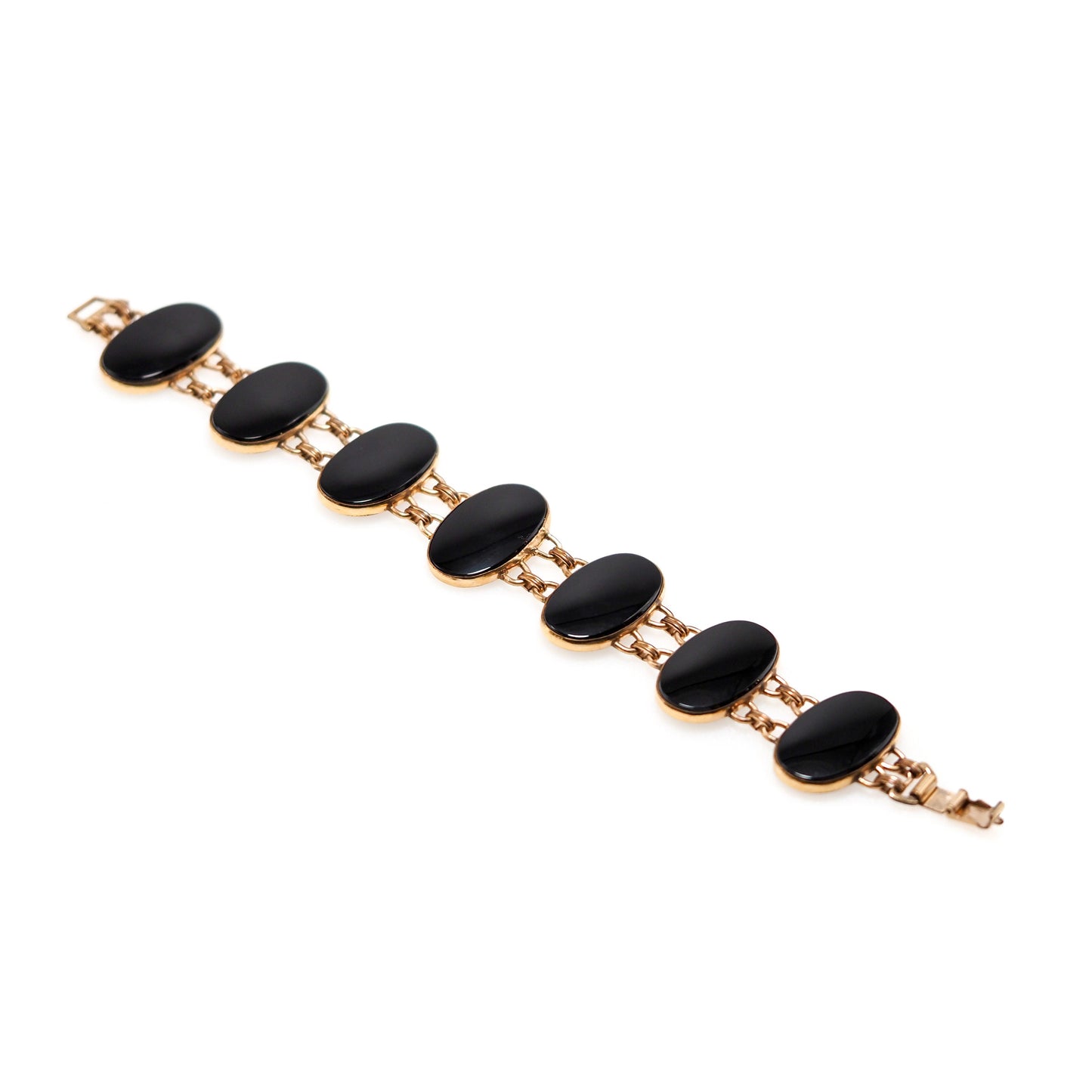 Vintage 1940s Onyx, Yellow Gold Filled Bracelet - Retro Oval Black Onyx and Gold Filled Metal Large Link 7" Bracelet