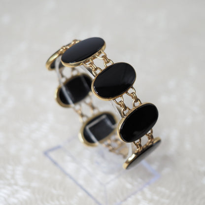 Vintage 1940s Retro Oval Black Onyx, Yellow Gold Filled Large Link 7" Bracelet