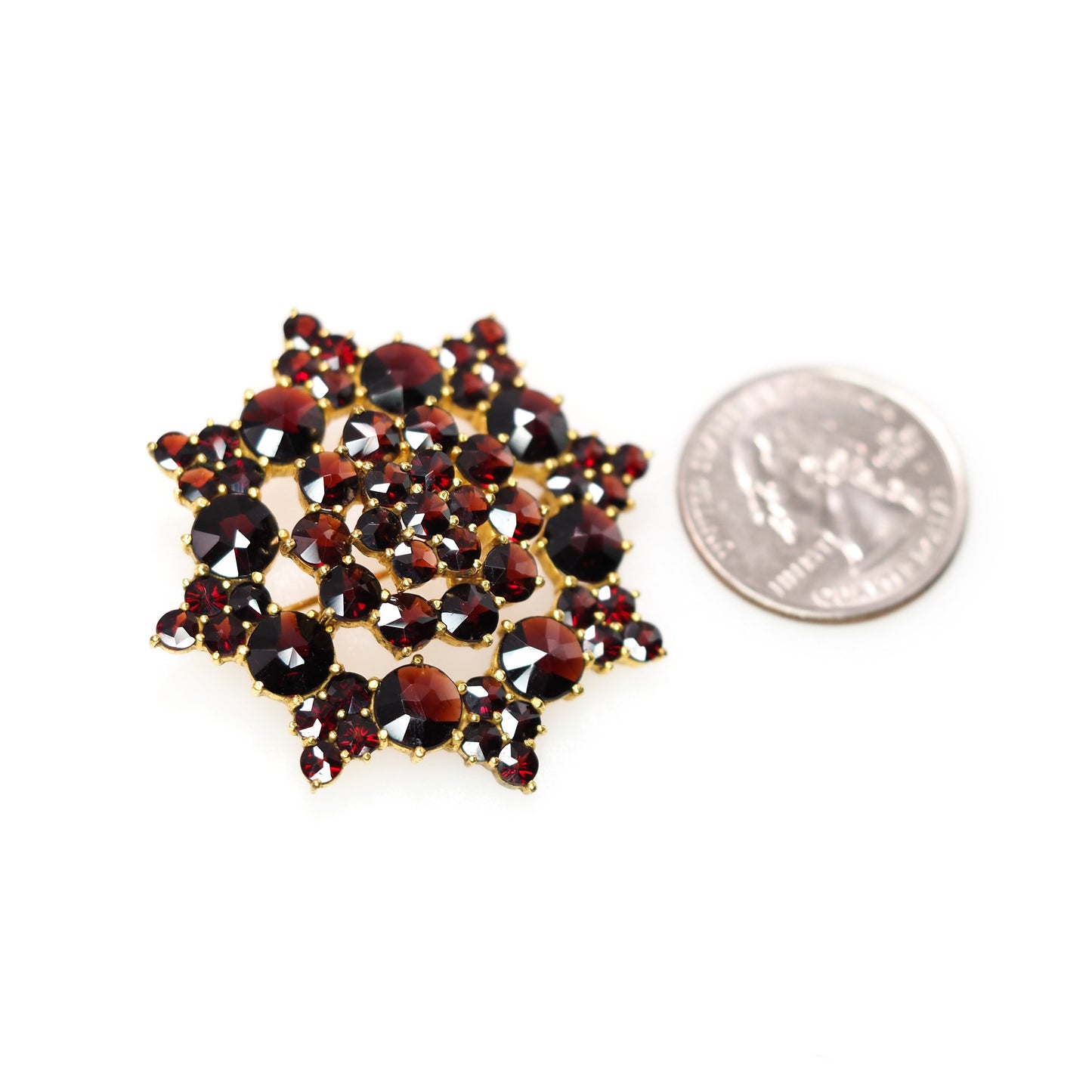 Vintage 60s Germany Red Garnet Brooch - 1960s German Rose Cut Garnet and Gold Wash Cluster Large Star Brooch - Gemstone Star Brooch