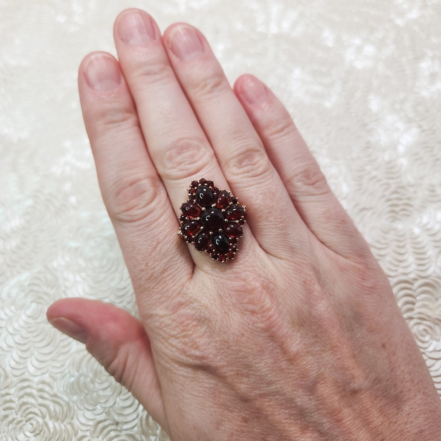 Vintage 1990s Garnet Vermeil Cluster Ring - Pyrope Garnet and Rose Gold Vermeil Cabochon Ring - Multi Gem Red Garnet Statement Ring Size 8.5