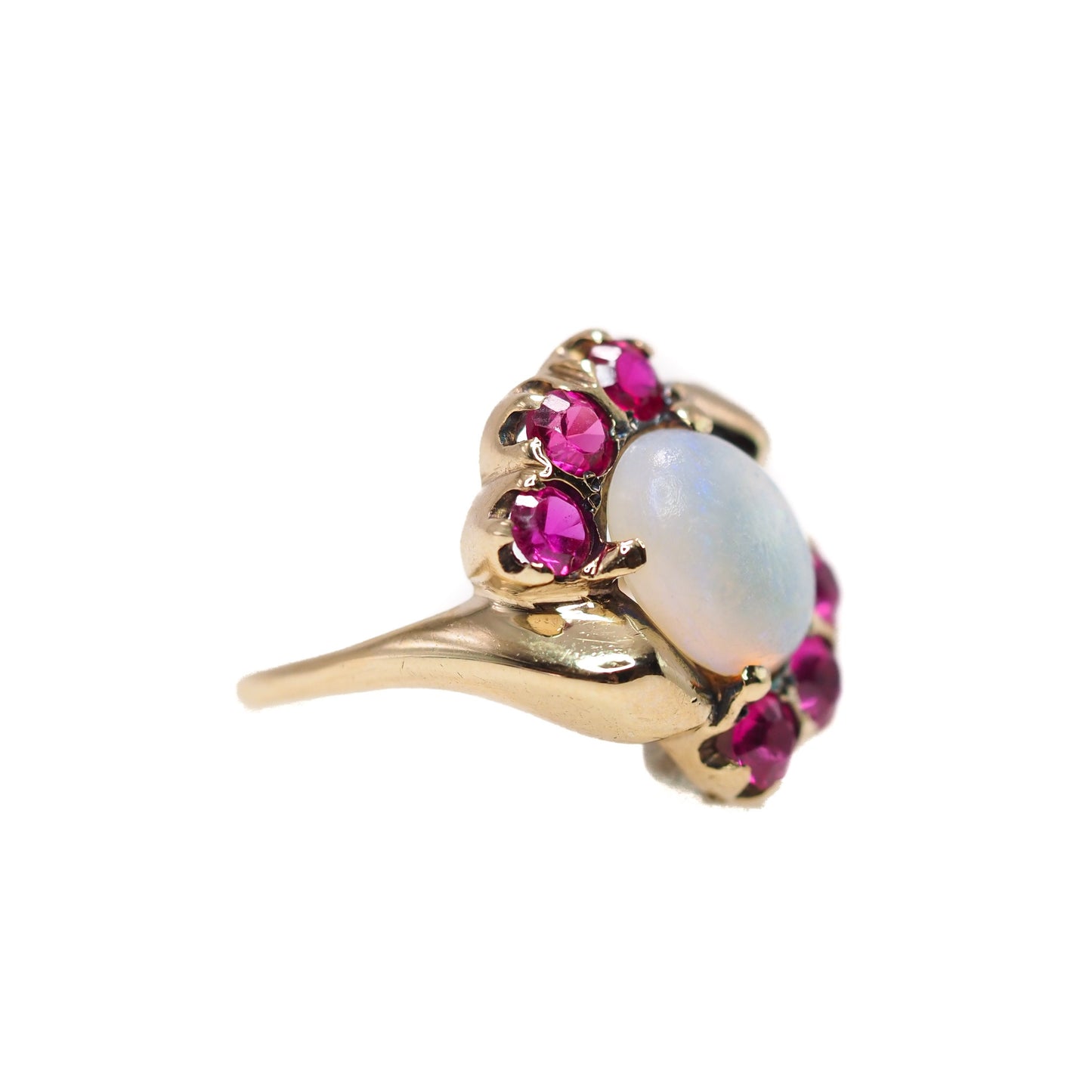 Vintage 1940s Opal, Synthetic Ruby Gold Ring - Art Deco 10K Yellow Gold, Opal and Lab Created Ruby Ring - Opal Cabochon Retro Ring Size 7