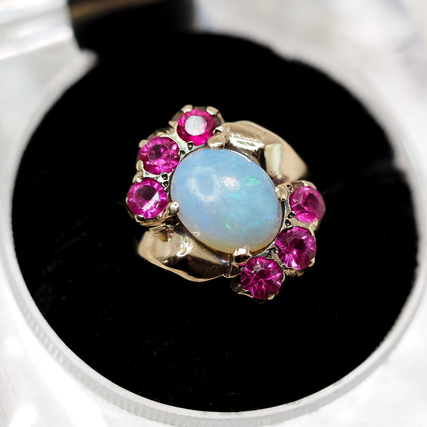 Vintage 1940s Opal, Synthetic Ruby Gold Ring - Art Deco 10K Yellow Gold, Opal and Lab Created Ruby Ring - Opal Cabochon Retro Ring Size 7