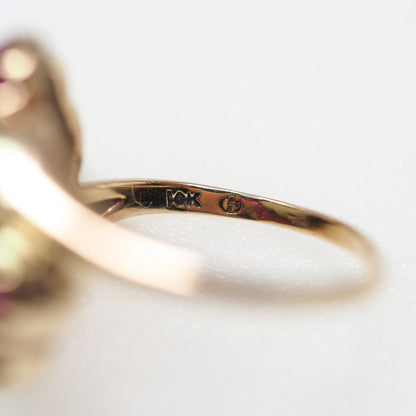 Vintage 1940s Art Deco 10k Yellow Gold, Opal and Lab Created Ruby Ring Size 7