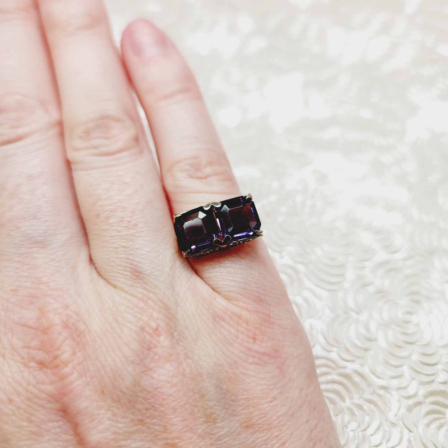 Antique Art Deco Purple Glass, Gold Ring - 1920s Glass and 10K White Gold Filigree Two Stone Ring Size 5.25 - Deco Filigree Gold Ring