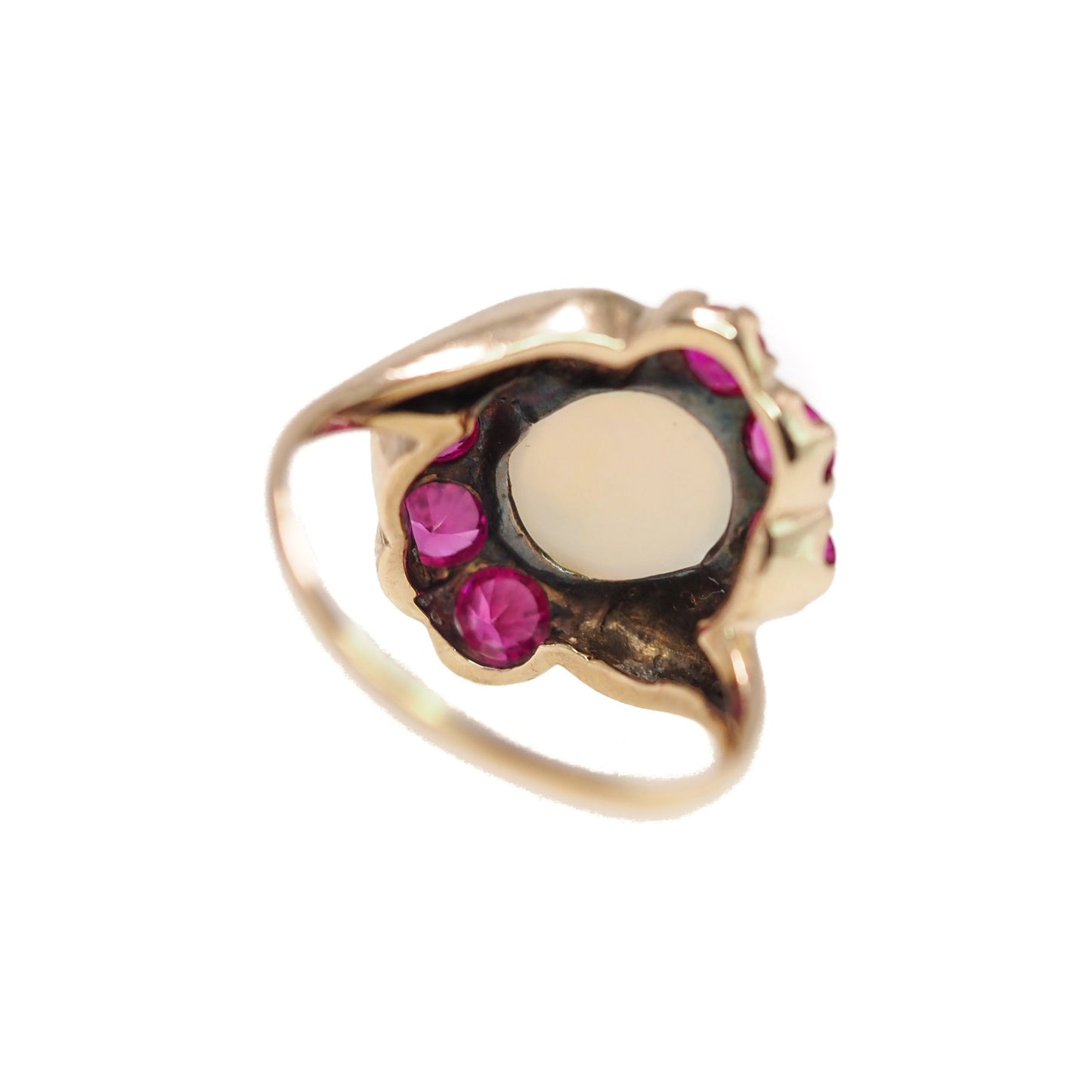 Vintage 1940s Opal, Synthetic Ruby Gold Ring - Art Deco 10K Yellow Gold, Opal and Lab Created Ruby Ring - Opal Cabochon Retro Ring Size 7