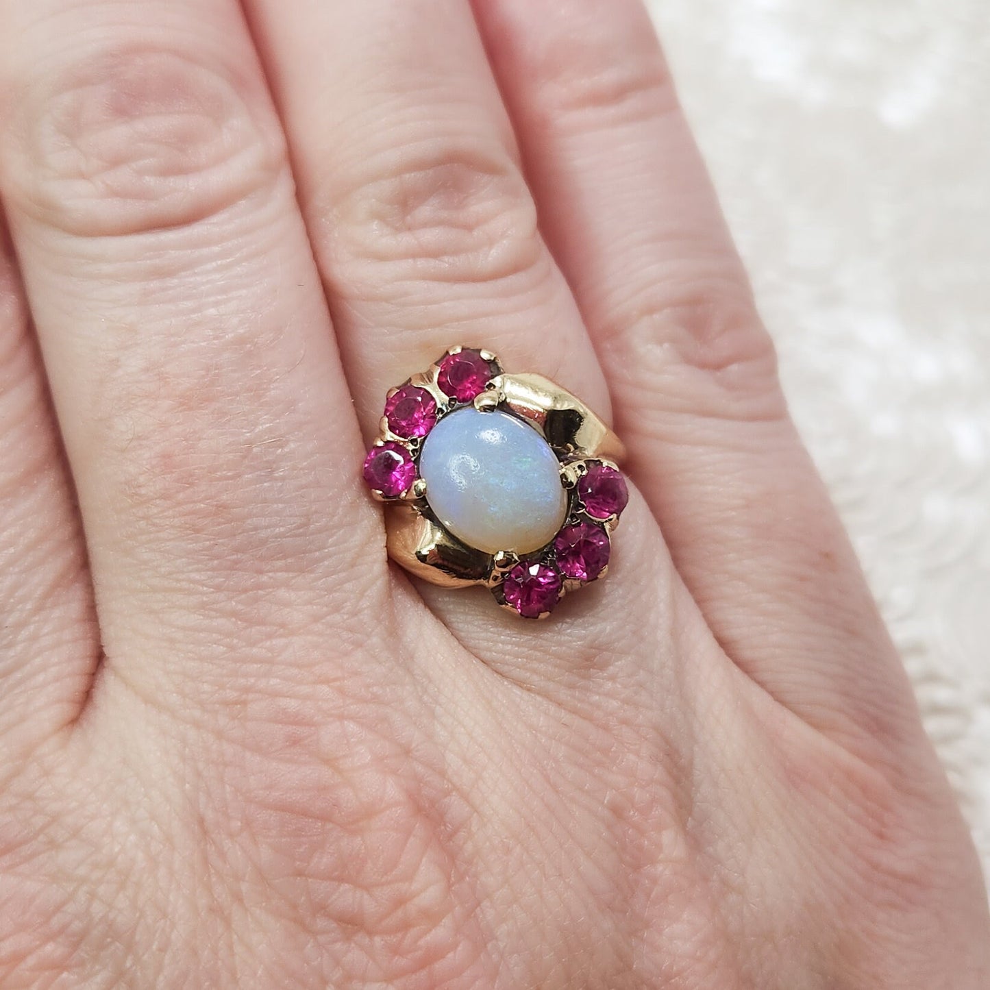 Vintage 1940s Opal, Synthetic Ruby Gold Ring - Art Deco 10K Yellow Gold, Opal and Lab Created Ruby Ring - Opal Cabochon Retro Ring Size 7