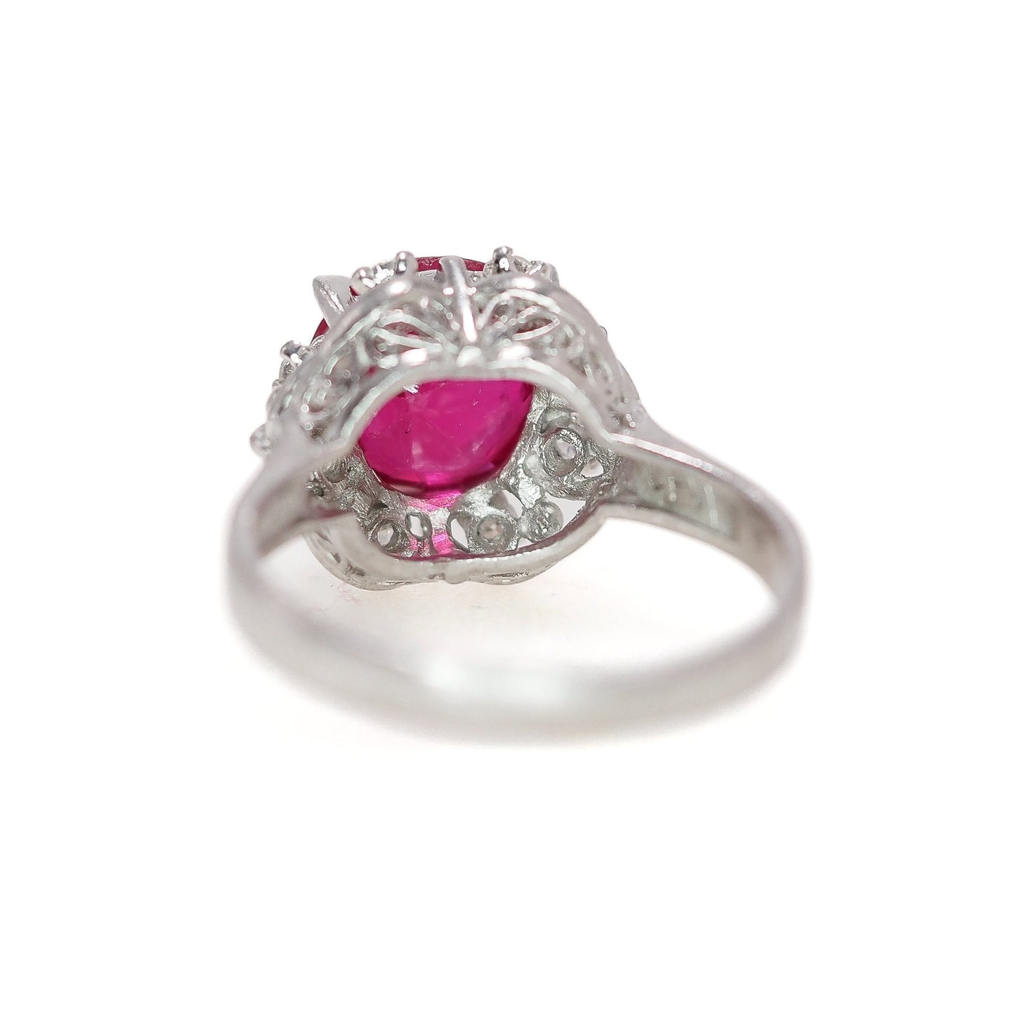 Vintage 1950s Round Cut Lab Ruby, Diamond, and Platinum Halo Ring Size 5.25 - 50s Mid Century Lab Ruby and Diamond Ring - Red Gem Ring