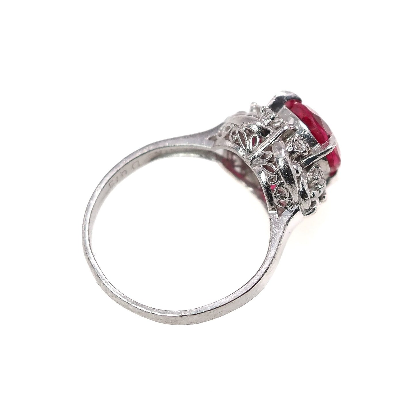 Vintage 1950s Round Cut Lab Ruby, Diamond, and Platinum Halo Ring Size 5.25 - 50s Mid Century Lab Ruby and Diamond Ring - Red Gem Ring