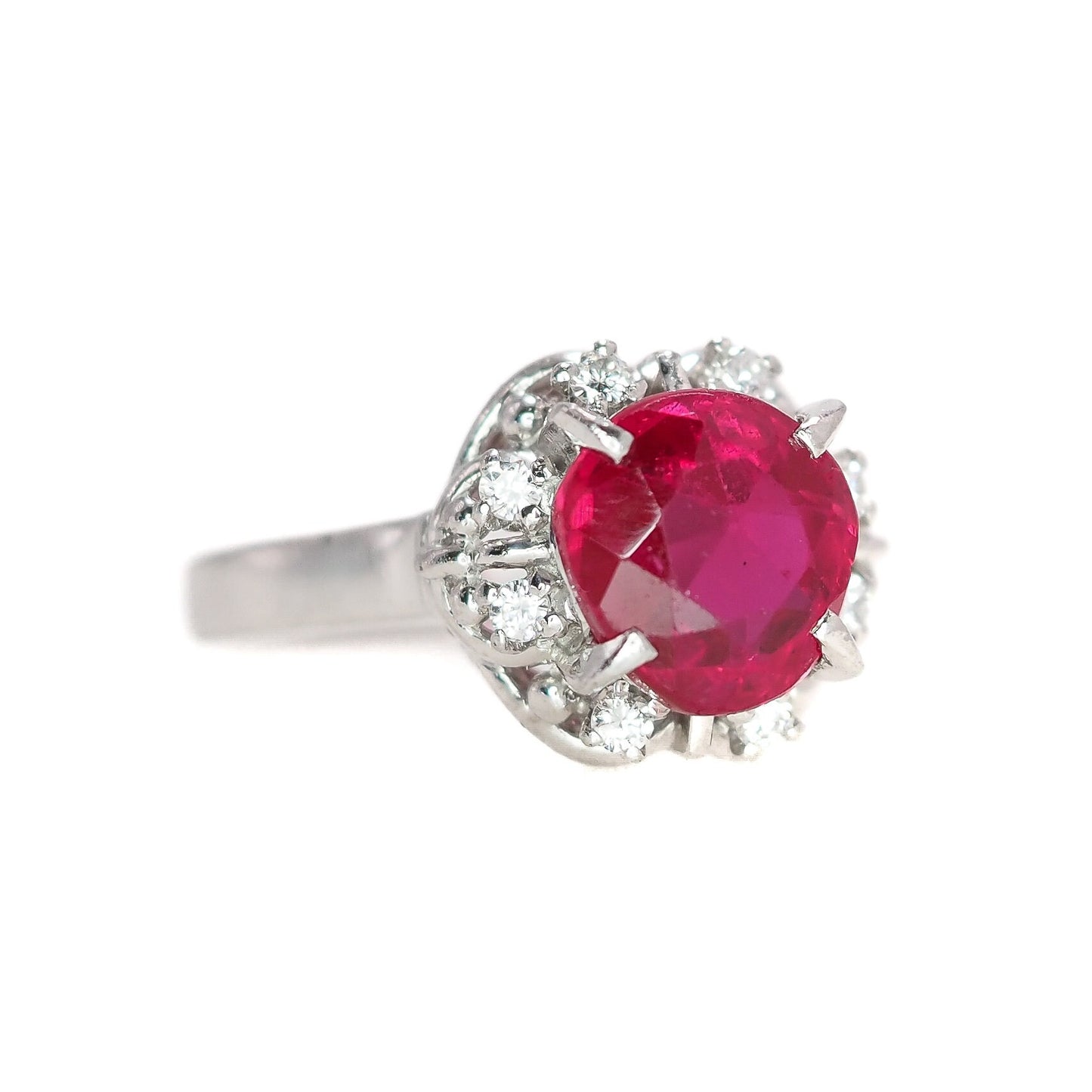 Vintage 1950s Round Cut Lab Ruby, Diamond, and Platinum Halo Ring Size 5.25 - 50s Mid Century Lab Ruby and Diamond Ring - Red Gem Ring