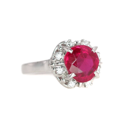 Vintage 1950s Round Cut Lab Ruby, Diamond, and Platinum Halo Ring Size 5.25 - 50s Mid Century Lab Ruby and Diamond Ring - Red Gem Ring