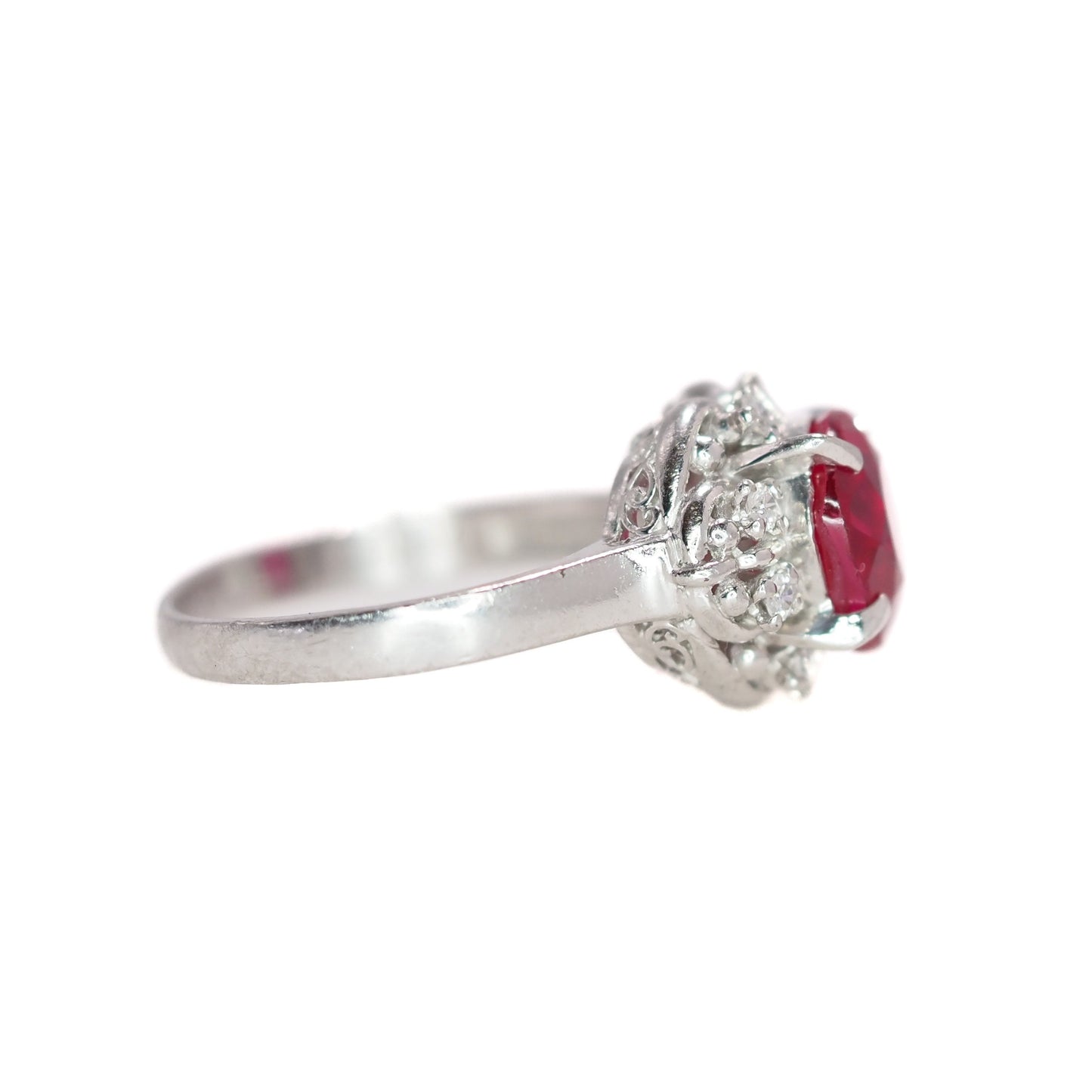 Vintage 1950s Round Cut Lab Ruby, Diamond, and Platinum Halo Ring Size 5.25 - 50s Mid Century Lab Ruby and Diamond Ring - Red Gem Ring