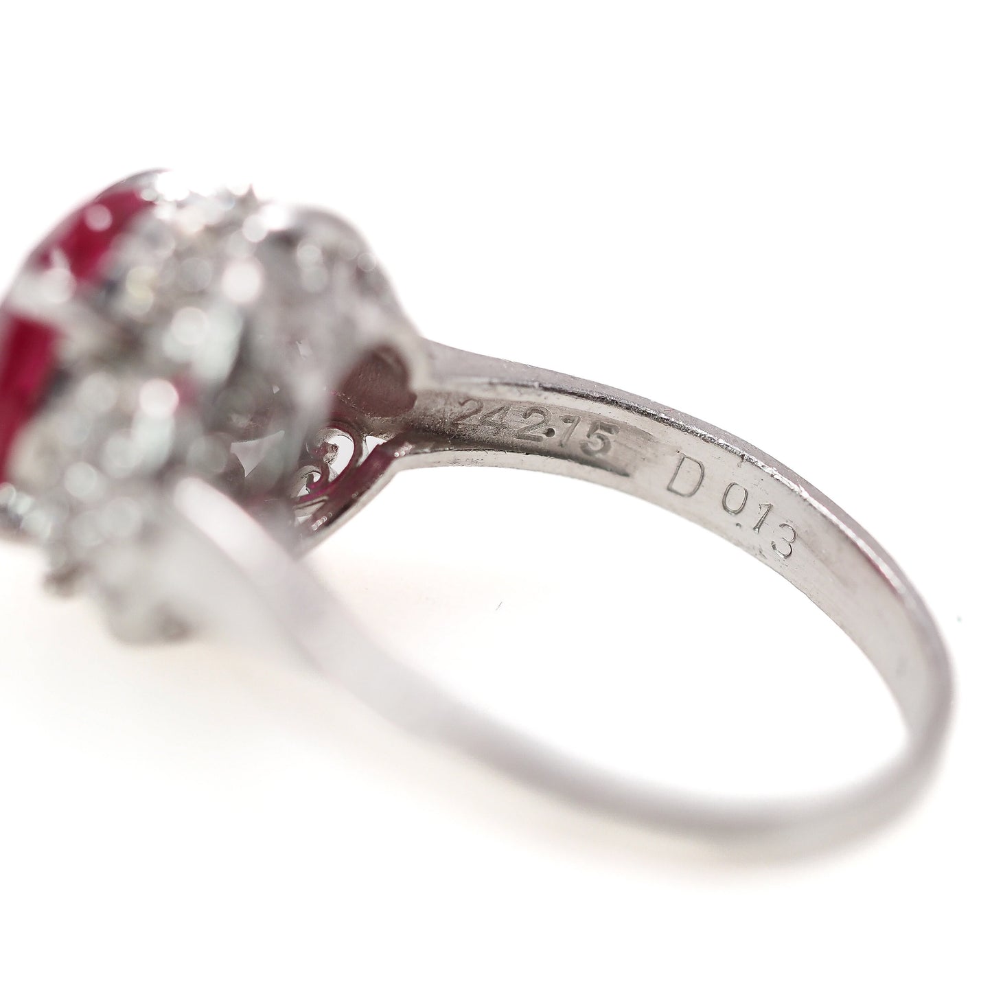 Vintage 1950s Round Cut Lab Ruby, Diamond, and Platinum Halo Ring Size 5.25 - 50s Mid Century Lab Ruby and Diamond Ring - Red Gem Ring