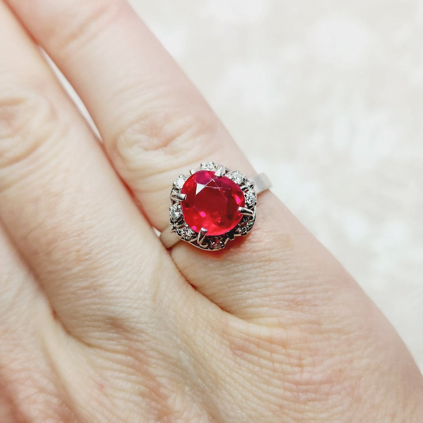 Vintage 1950s Round Cut Lab Ruby, Diamond, and Platinum Halo Ring Size 5.25 - 50s Mid Century Lab Ruby and Diamond Ring - Red Gem Ring