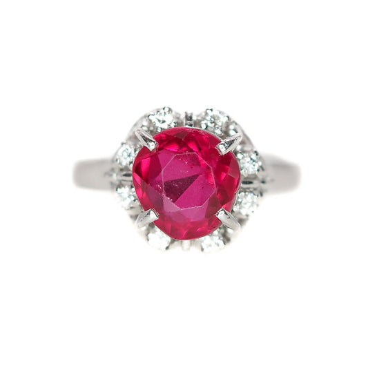 Vintage 1950s Round Cut Lab Ruby, Diamond, and Platinum Halo Ring Size 5.25 - 50s Mid Century Lab Ruby and Diamond Ring - Red Gem Ring