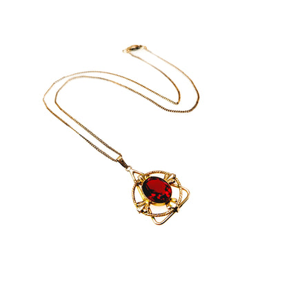 Vintage 1970s Red Glass and Yellow Gold Filled Necklace - 70s Vintage Red Pendant 18" Necklace - Red and Gold Vintage Necklace