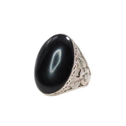 Vintage 1970s Imitation Black Onyx, Silver Plate Flower Cabochon Unisex Ring Size 5.5