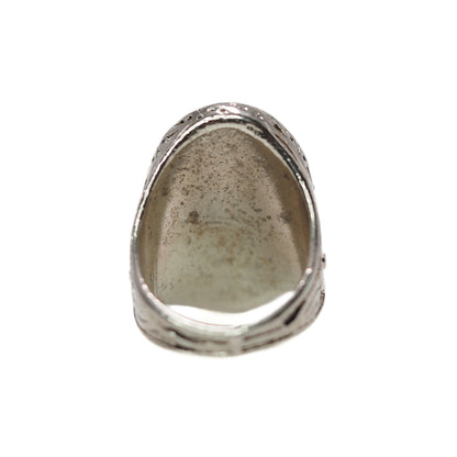 Vintage 1970s Imitation Black Onyx, Silver Plate Flower Cabochon Unisex Ring Size 5.5