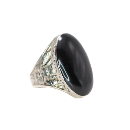 Vintage 1970s Imitation Black Onyx, Silver Plate Flower Cabochon Unisex Ring Size 5.5