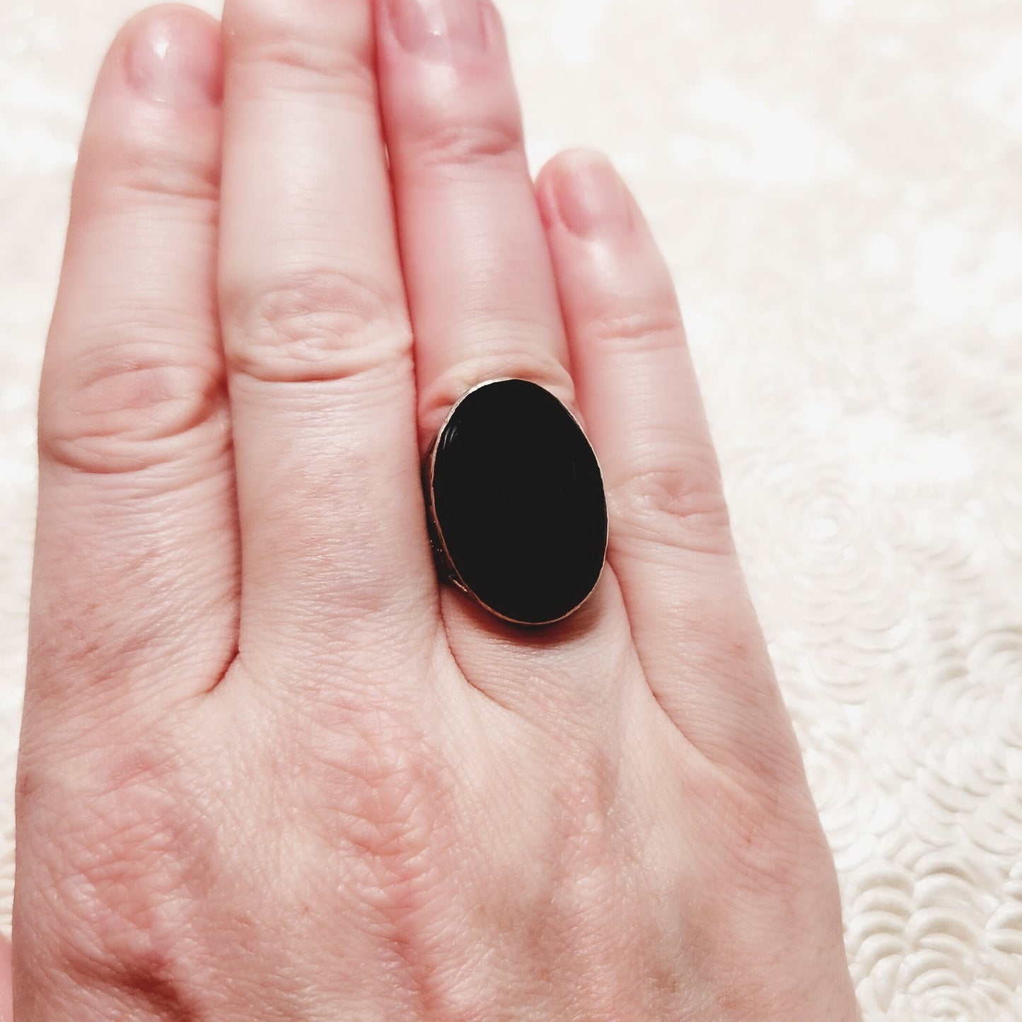 Vintage 1970s Imitation Black Onyx, Silver Plate Flower Ring - Large Black Onyx Silver Cabochon Unisex Ring Size 5.5