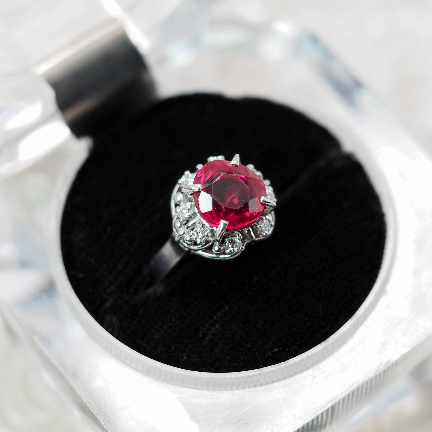 Vintage 1950s Round Cut Lab Ruby, Diamond, and Platinum Halo Ring Size 5.25 - 50s Mid Century Lab Ruby and Diamond Ring - Red Gem Ring