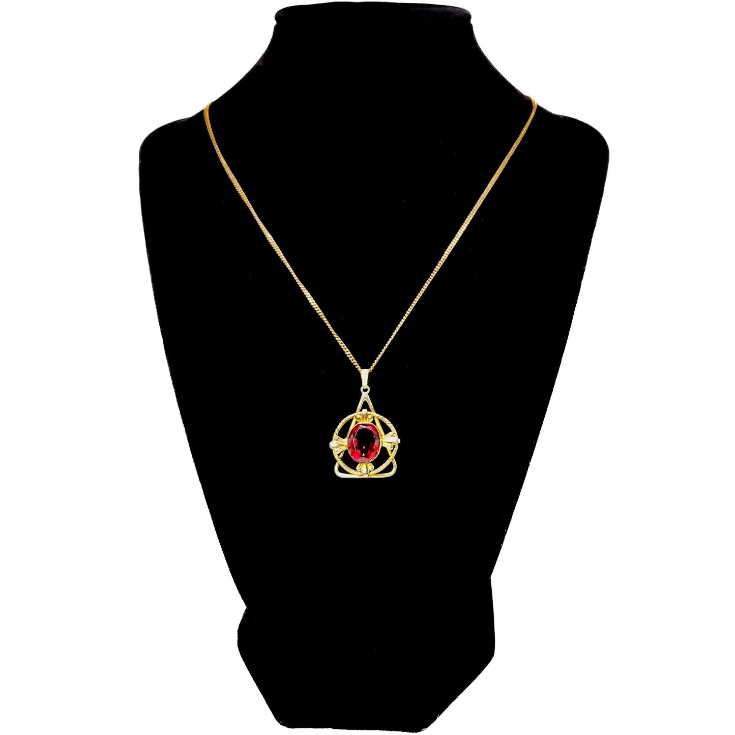 Vintage 1970s Red Glass and Yellow Gold Filled Necklace - 70s Vintage Red Pendant 18" Necklace - Red and Gold Vintage Necklace