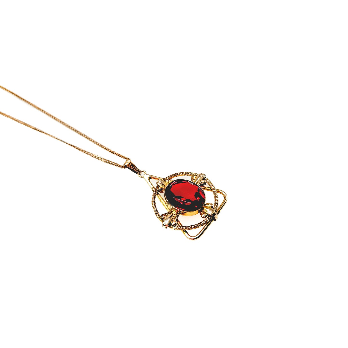 Vintage 1970s Red Glass and Yellow Gold Filled Necklace - 70s Vintage Red Pendant 18" Necklace - Red and Gold Vintage Necklace