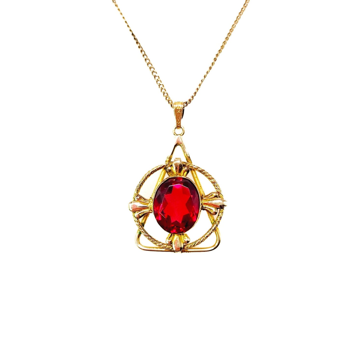 Vintage 1970s Red Glass and Yellow Gold Filled Necklace - 70s Vintage Red Pendant 18" Necklace - Red and Gold Vintage Necklace