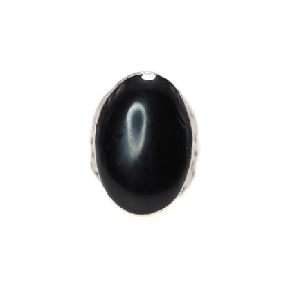 Vintage 1970s Imitation Black Onyx, Silver Plate Flower Cabochon Unisex Ring Size 5.5
