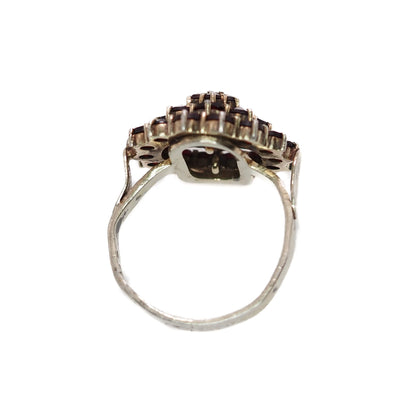 Vintage 1960s Pyrope Garnet and Gold Washed Ring - 60s Red Rose Cut Garnet, 800 Silver Cluster Ring Size 8.5 - Red Gemstone Ring