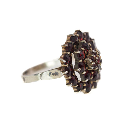Vintage 1960s Pyrope Garnet and Gold Washed Ring - 60s Red Rose Cut Garnet, 800 Silver Cluster Ring Size 8.5 - Red Gemstone Ring