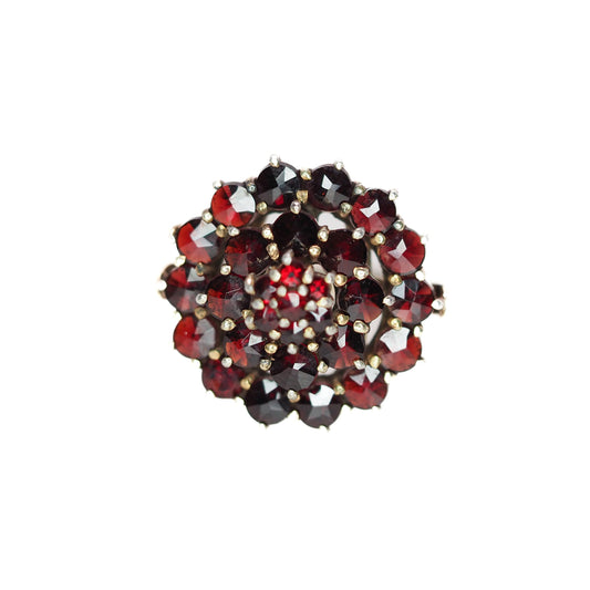 Vintage 1960s Pyrope Garnet and Gold Washed Ring - 60s Red Rose Cut Garnet, 800 Silver Cluster Ring Size 8.5 - Red Gemstone Ring