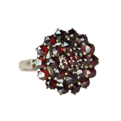 Vintage 1960s Pyrope Garnet and Gold Washed Ring - 60s Red Rose Cut Garnet, 800 Silver Cluster Ring Size 8.5 - Red Gemstone Ring