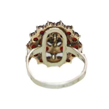 Vintage 1960s Pyrope Garnet and Gold Washed Ring - 60s Red Rose Cut Garnet, 800 Silver Cluster Ring Size 8.5 - Red Gemstone Ring