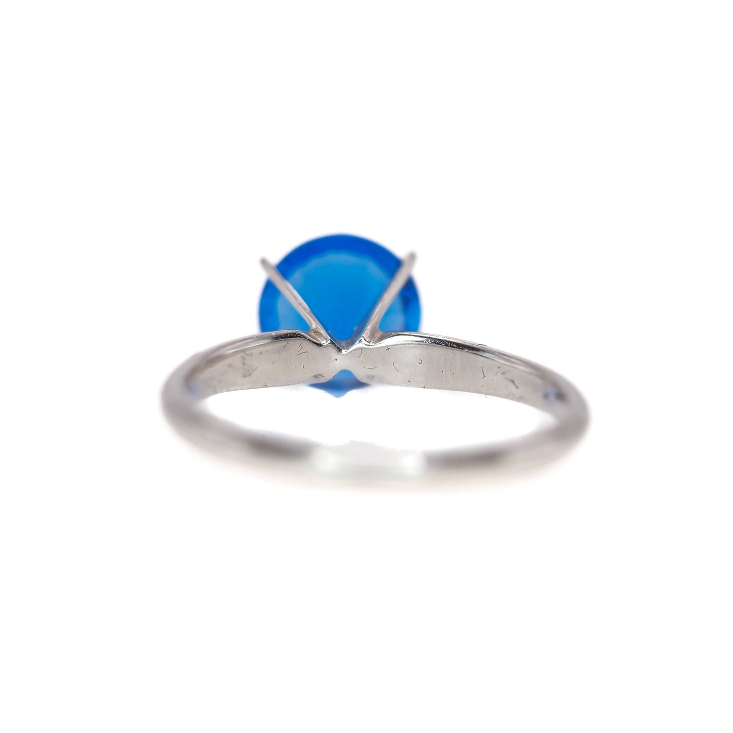 Vintage 1970s Bright Blue Lab Created Spinel and 10K White Plated Solitaire Ring Size 7.25 - 70s Blue Spinel Round Cut Gold Plate Ring