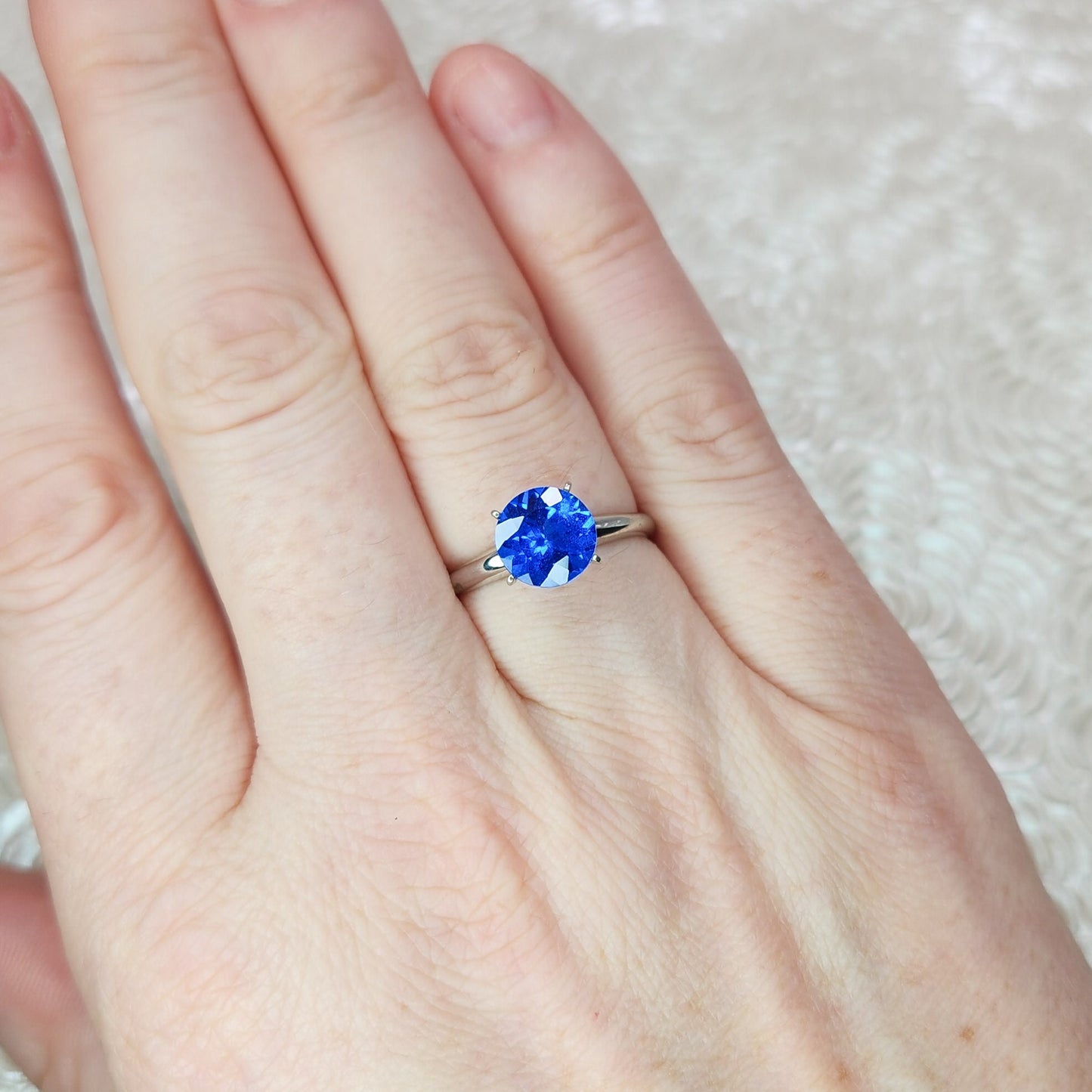 Vintage 1970s Bright Blue Lab Created Spinel and 10K White Plated Solitaire Ring Size 7.25 - 70s Blue Spinel Round Cut Gold Plate Ring