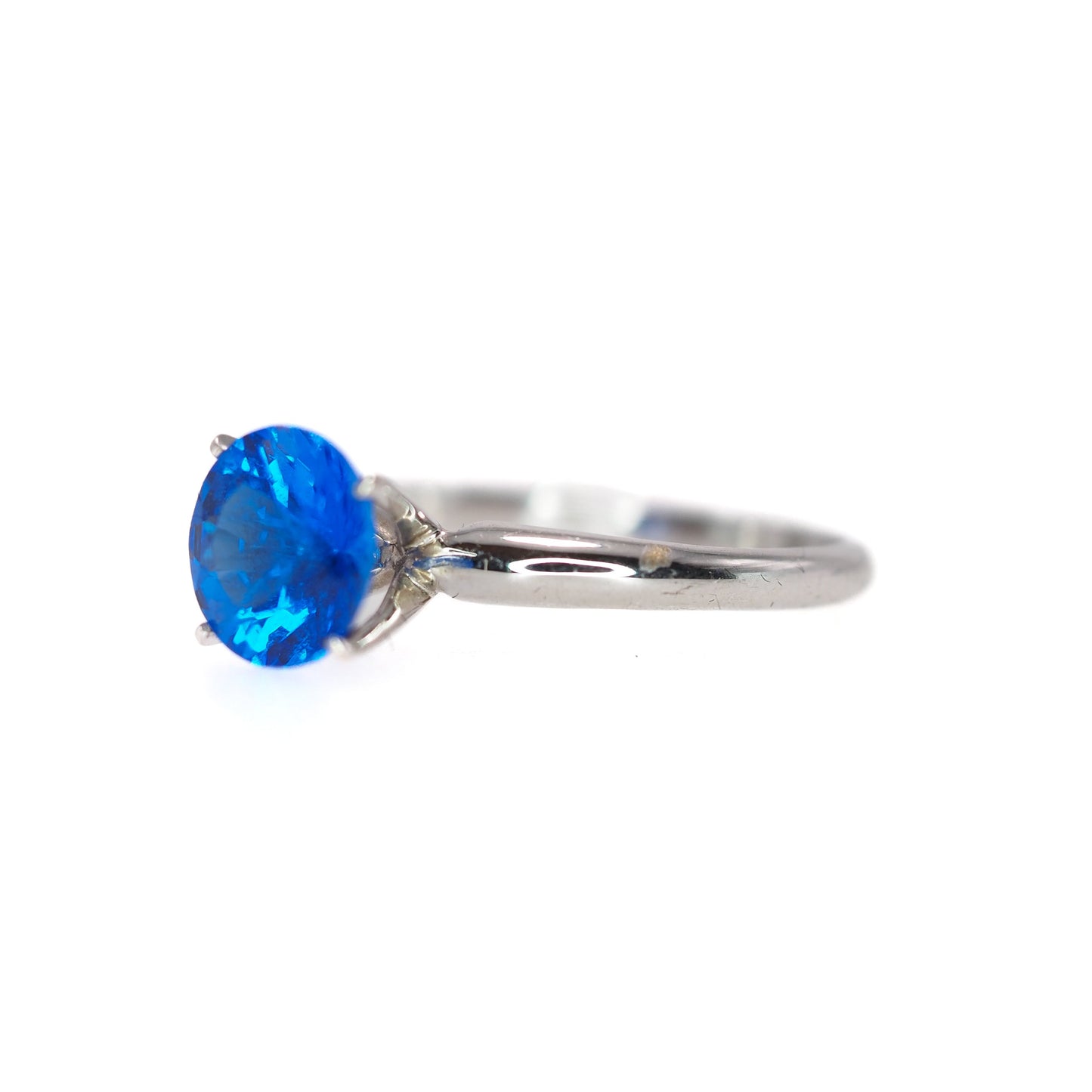 Vintage 1970s Bright Blue Lab Created Spinel and 10K White Plated Solitaire Ring Size 7.25 - 70s Blue Spinel Round Cut Gold Plate Ring