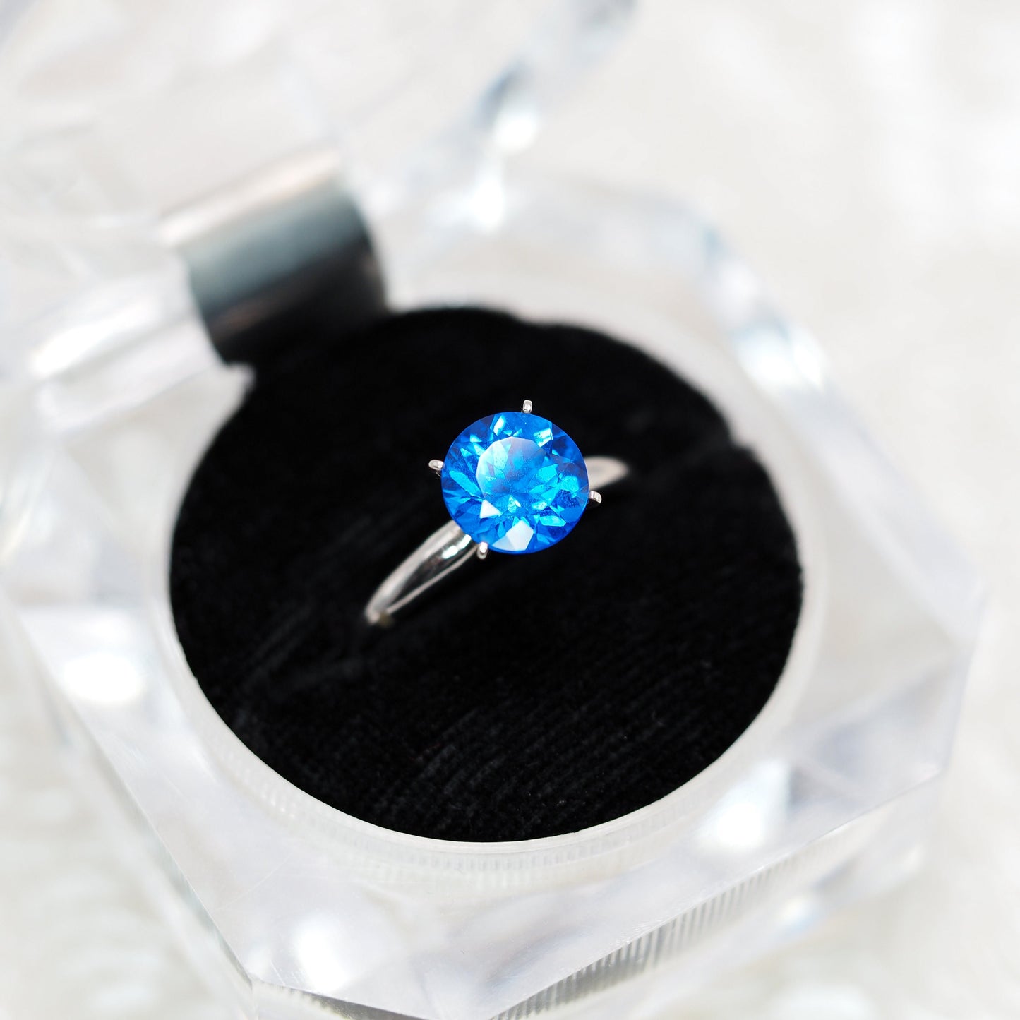 Vintage 1970s Bright Blue Lab Created Spinel and 10K White Plated Solitaire Ring Size 7.25 - 70s Blue Spinel Round Cut Gold Plate Ring