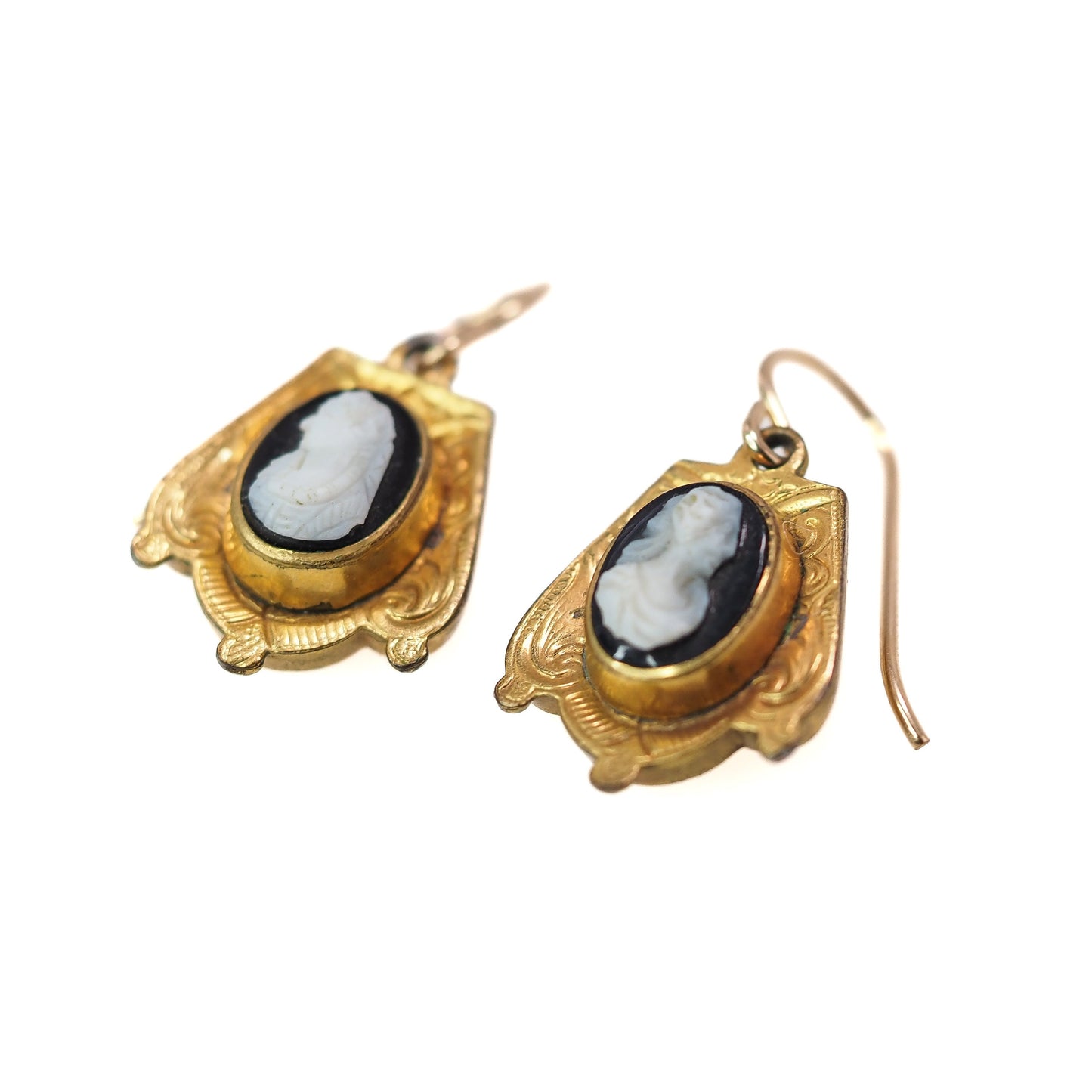 Antique 1870s Mid Victorian Onyx Cameo and Rolled Gold Earrings - Black Onyx Yellow Rolled Gold Dangle Pierced Mourning Earrings