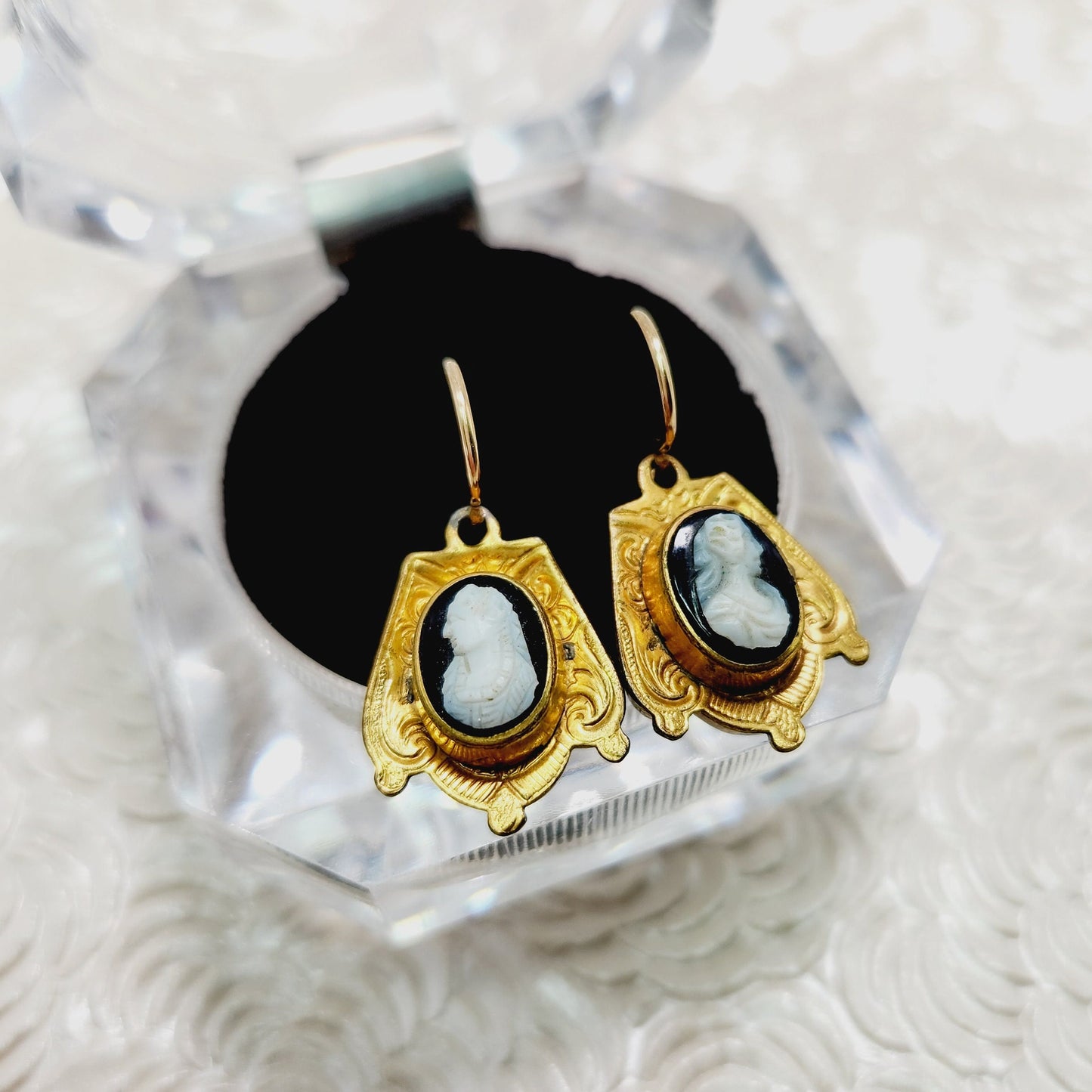 Antique 1870s Mid Victorian Onyx Cameo and Rolled Gold Earrings - Black Onyx Yellow Rolled Gold Dangle Pierced Mourning Earrings