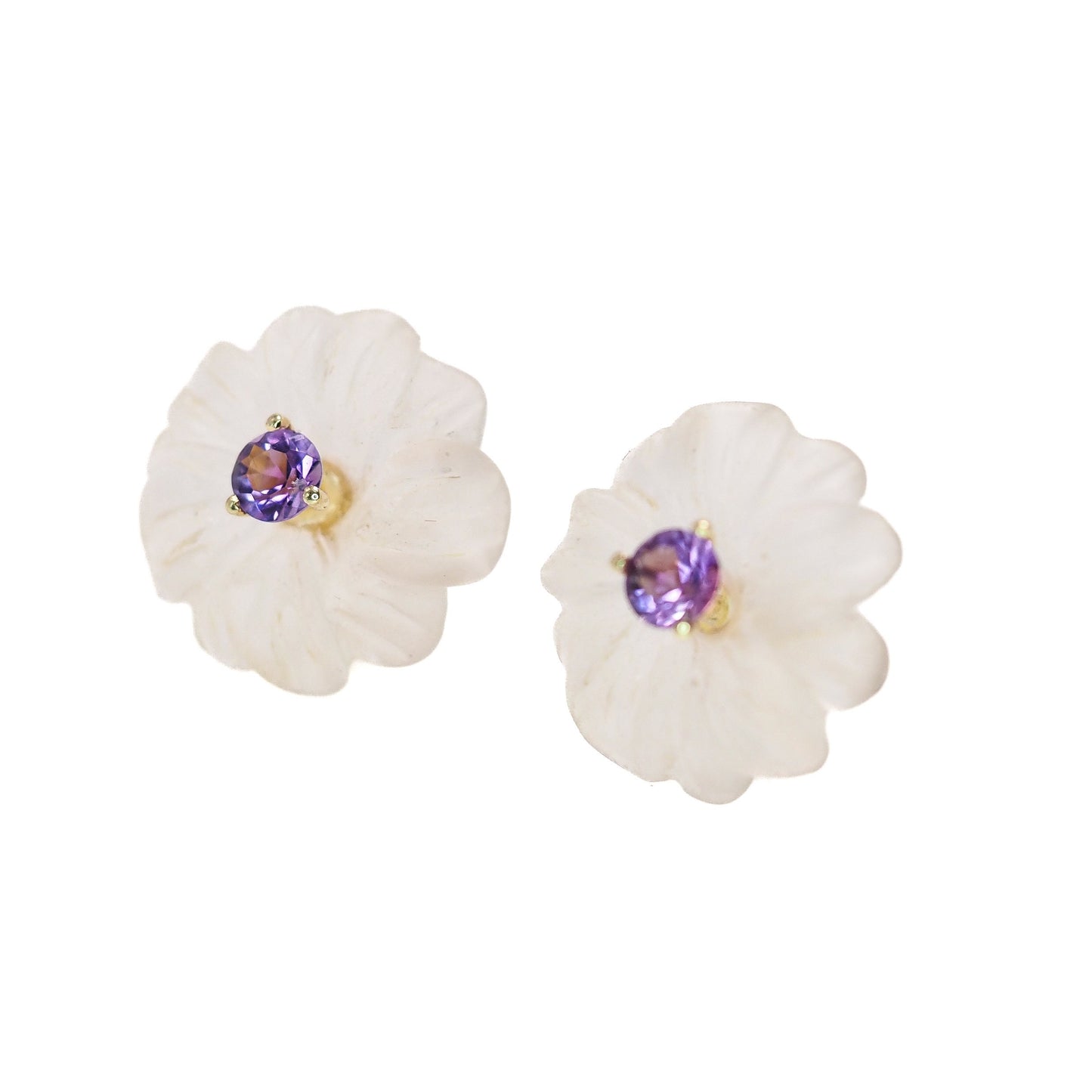 Vintage 1960s Rock Crystal, Round Cut Amethyst, and 14K Yellow Gold Carved Flower Stud Earrings - 60s Amethyst, Crystal Floral Earrings