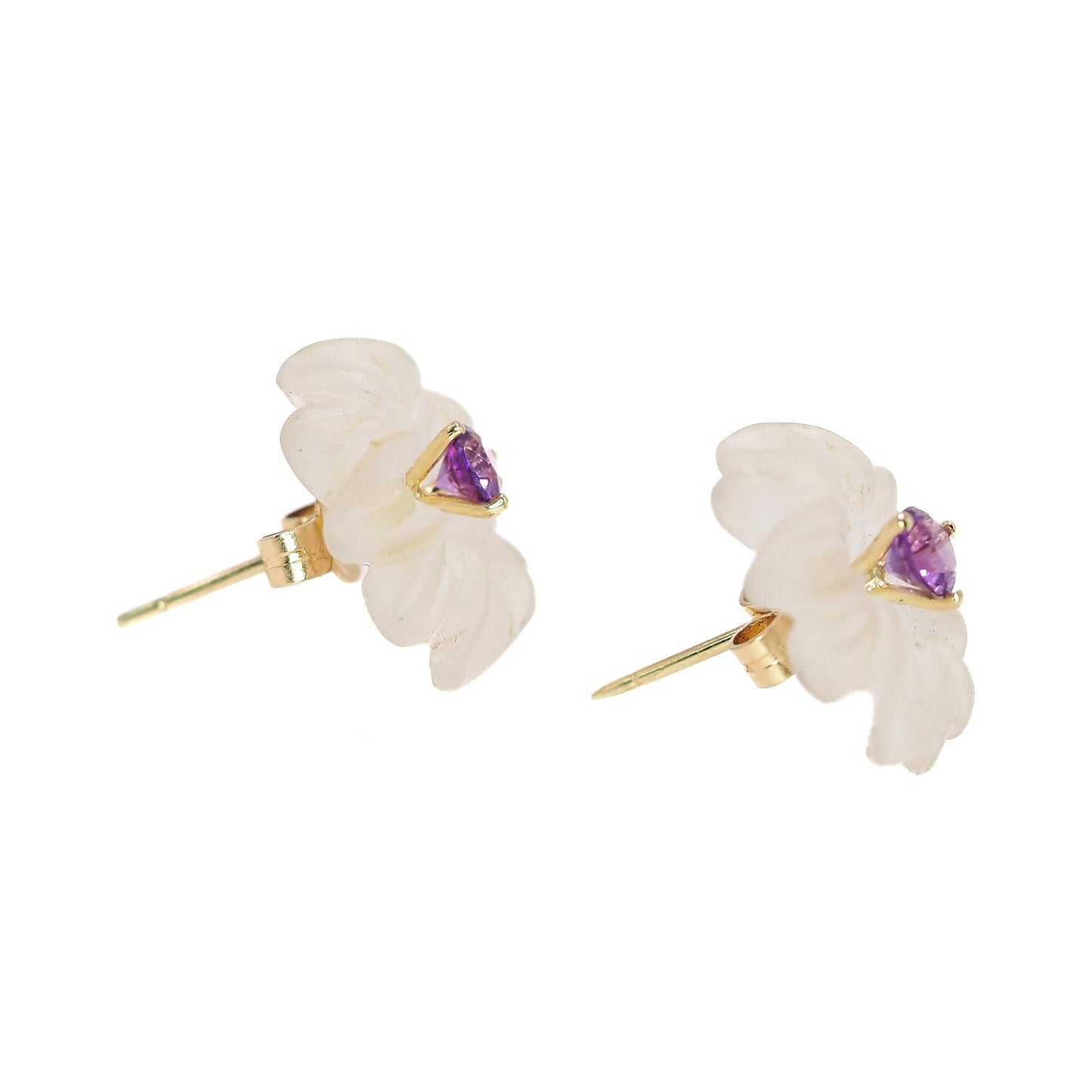 Vintage 1960s Rock Crystal, Round Cut Amethyst, and 14K Yellow Gold Carved Flower Stud Earrings - 60s Amethyst, Crystal Floral Earrings