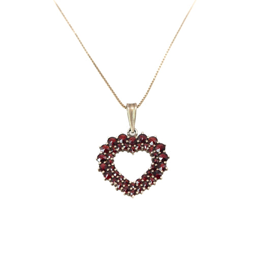 Vintage 1960s Rose Cut Pyrope Garnet and Gold Washed Silver Heart Pendant 18" Necklace - 60s Red Czech Garnet Heart Necklace