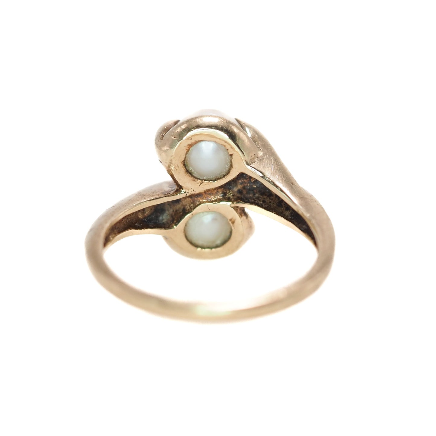 Vintage 1930s Bypass Toi et Moi Cultured Pearl and 10K Yellow Gold Ring Size 5.5 - 30s White Pearl, Gold Two Stone Ring