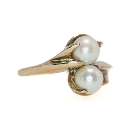 Vintage 1930s Bypass Toi et Moi Cultured Pearl and 10K Yellow Gold Ring Size 5.5 - 30s White Pearl, Gold Two Stone Ring