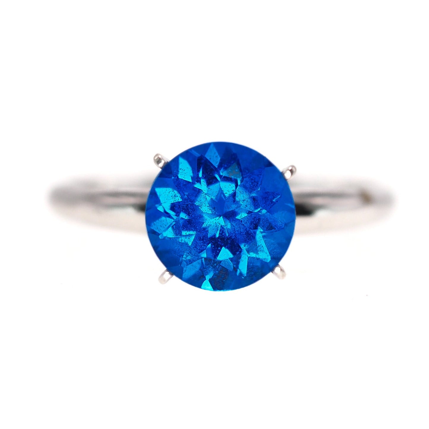 Vintage 1970s Bright Blue Lab Created Spinel and 10K White Plated Solitaire Ring Size 7.25 - 70s Blue Spinel Round Cut Gold Plate Ring